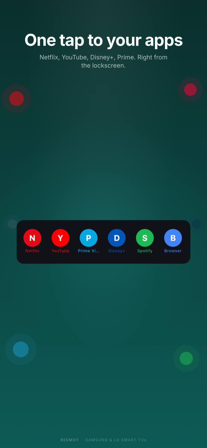 Reemot app launcher row for Netflix, YouTube, and other streaming apps