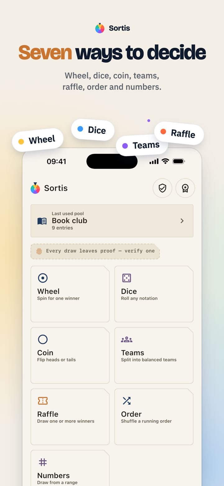 Sortis draw hub showing wheel, dice, coin, teams, raffle, order, and numbers modes