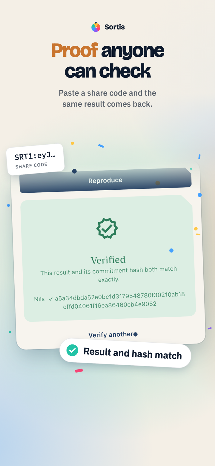 Sortis verify screen reproducing a draw from its share code and confirming the result and commitment hash match