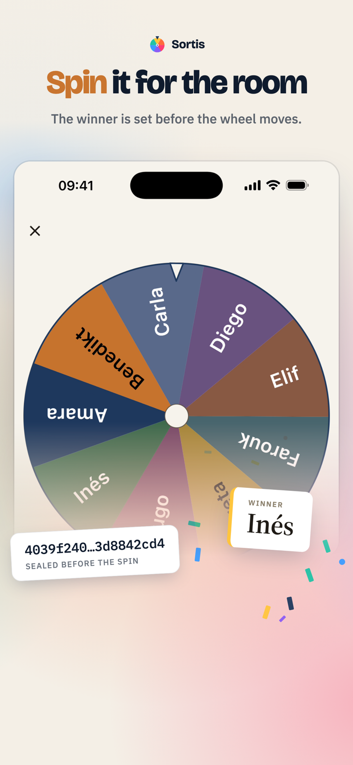 Sortis wheel spin result showing the winner sealed before the spin