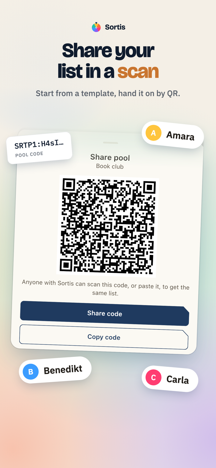 Sortis share pool sheet showing a QR code and a pool code for a saved list